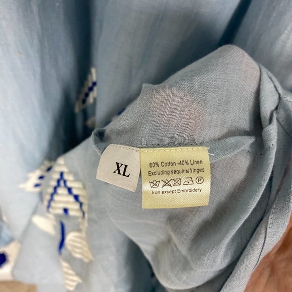 Benaras by Citrus Embroidered Boho Maxi Dress Blue Long Balloon Sleeves Belted - Picture 9 of 11